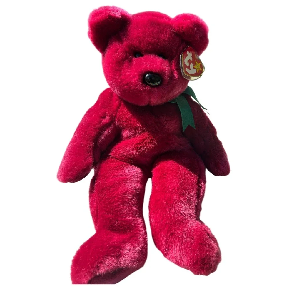 Ty Beanie Buddy Teddy Bear Large Cranberry Red 1998 Excellent Green Ribbon Plush
